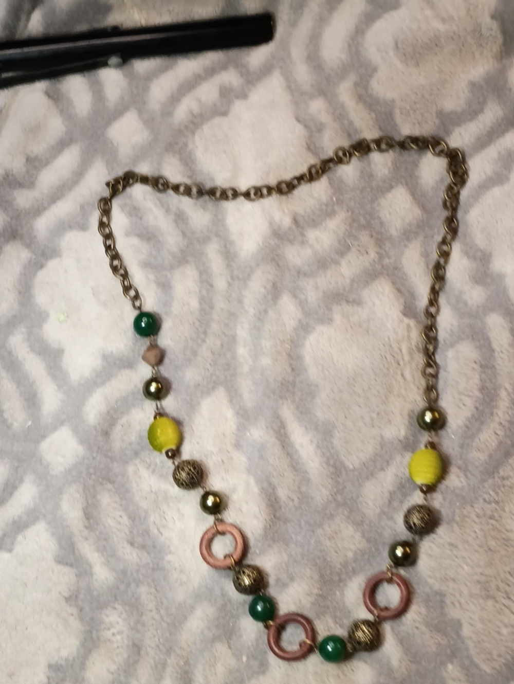 Green & Yellow Beaded Statement Necklace with Mixed Metal Chain